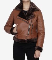 Warm Women's Asymmetrical Cognac Leather Aviator Jacket with Shearling Lining