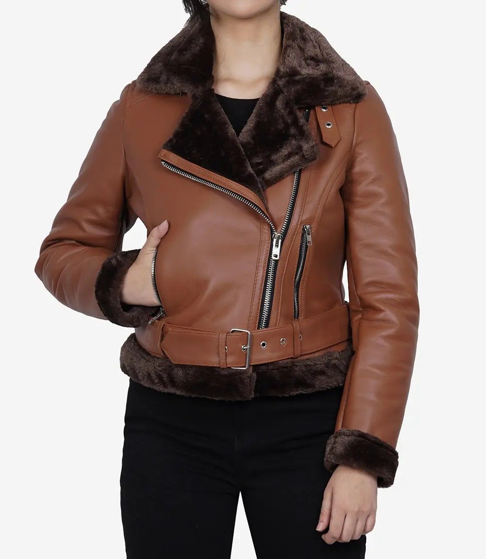 Warm Women's Asymmetrical Cognac Leather Aviator Jacket with Shearling Lining Warm Women's Asymmetrical Cognac Leather Aviator Jacket with Shearling Lining
