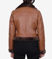 Warm Women's Asymmetrical Cognac Leather Aviator Jacket with Shearling Lining