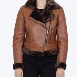 Warm Women's Asymmetrical Cognac Leather Aviator Jacket with Shearling Lining