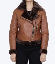 Warm Women's Asymmetrical Cognac Leather Aviator Jacket with Shearling Lining