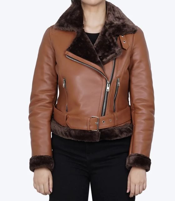 Warm Women's Asymmetrical Cognac Leather Aviator Jacket with Shearling Lining