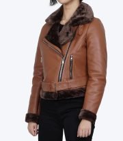 Warm Women's Asymmetrical Cognac Leather Aviator Jacket with Shearling Lining
