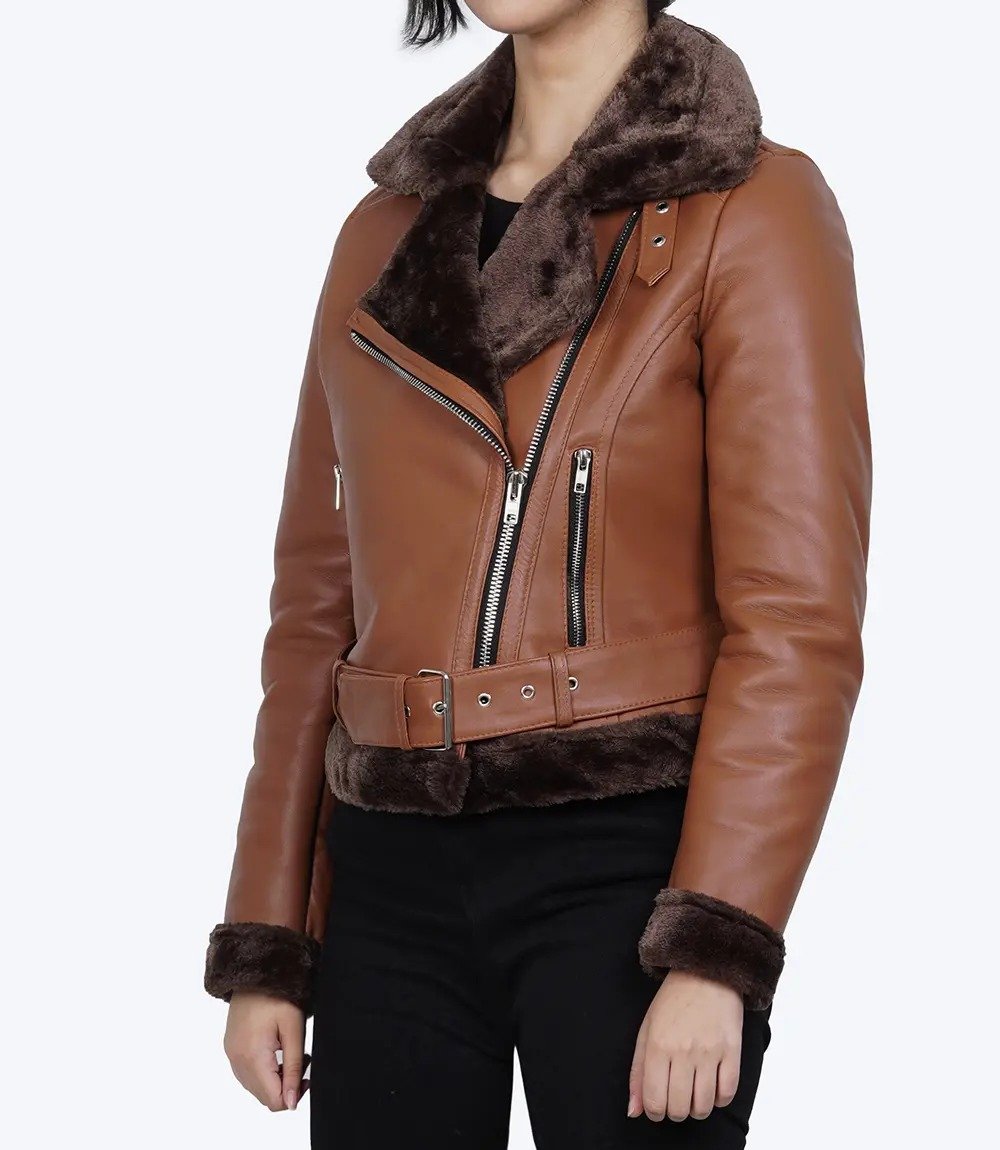 Warm Women's Asymmetrical Cognac Leather Aviator Jacket with Shearling Lining3 Warm Women's Asymmetrical Cognac Leather Aviator Jacket with Shearling Lining