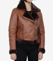 Warm Women's Asymmetrical Cognac Leather Aviator Jacket with Shearling Lining