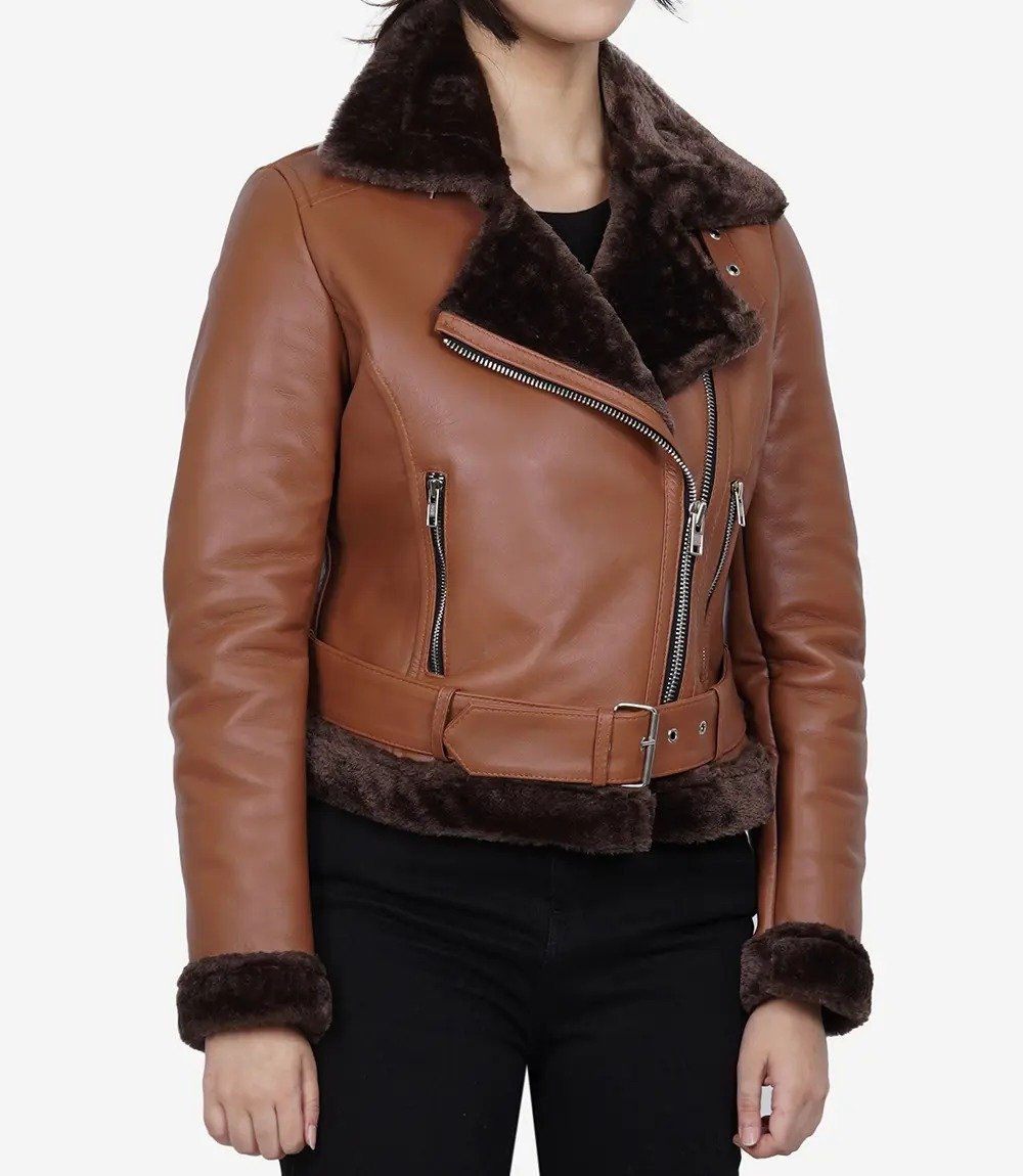 Warm Women's Asymmetrical Cognac Leather Aviator Jacket with Shearling Lining4 Warm Women's Asymmetrical Cognac Leather Aviator Jacket with Shearling Lining