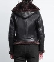 Warm Women's Dark Brown Shearling Leather Bomber Jacket with Hood
