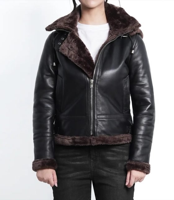 Warm Women's Dark Brown Shearling Leather Bomber Jacket with Hood