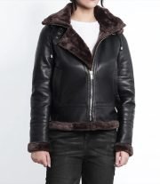 Warm Women's Dark Brown Shearling Leather Bomber Jacket with Hood