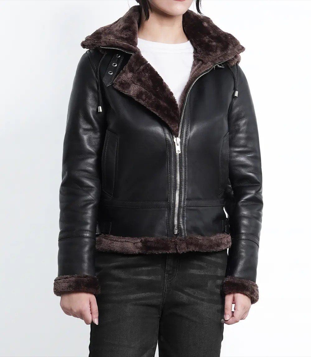 Warm Women's Dark Brown Shearling Leather Bomber Jacket with Hood3 Warm Women's Dark Brown Shearling Leather Bomber Jacket with Hood