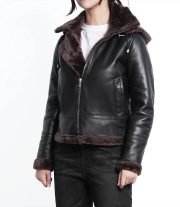 Warm Women's Dark Brown Shearling Leather Bomber Jacket with Hood