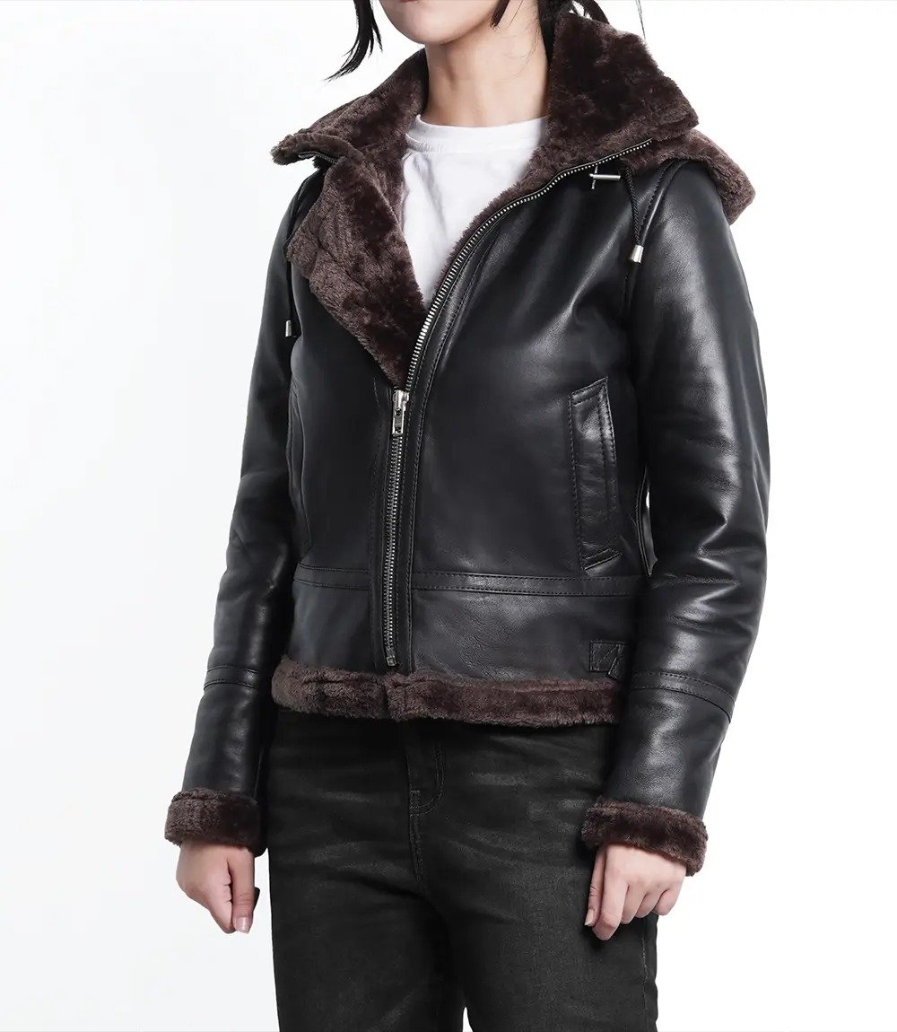 Warm Women's Dark Brown Shearling Leather Bomber Jacket with Hood4 Warm Women's Dark Brown Shearling Leather Bomber Jacket with Hood