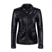 Women Zipper Closure Sleeve Easy Leather Jacket