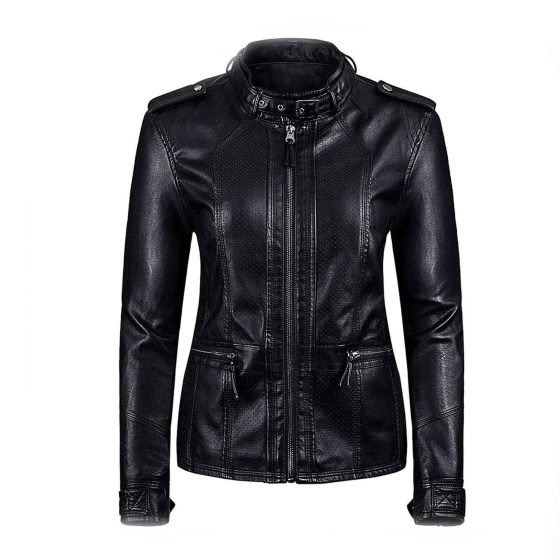 Women Zipper Closure Sleeve Easy Leather Jacket