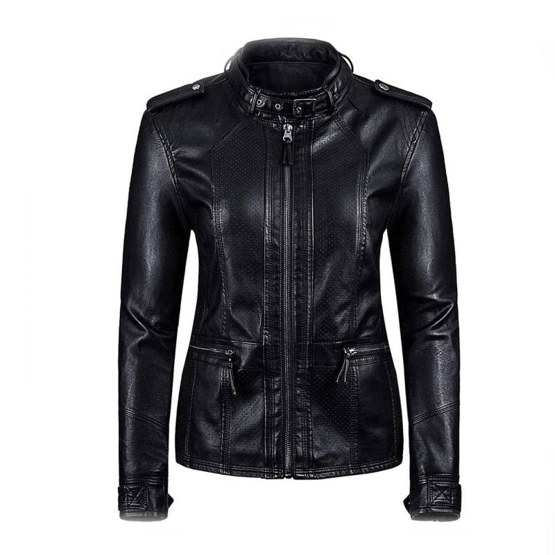 Women Zipper Closure Sleeve Easy Leather Jacket