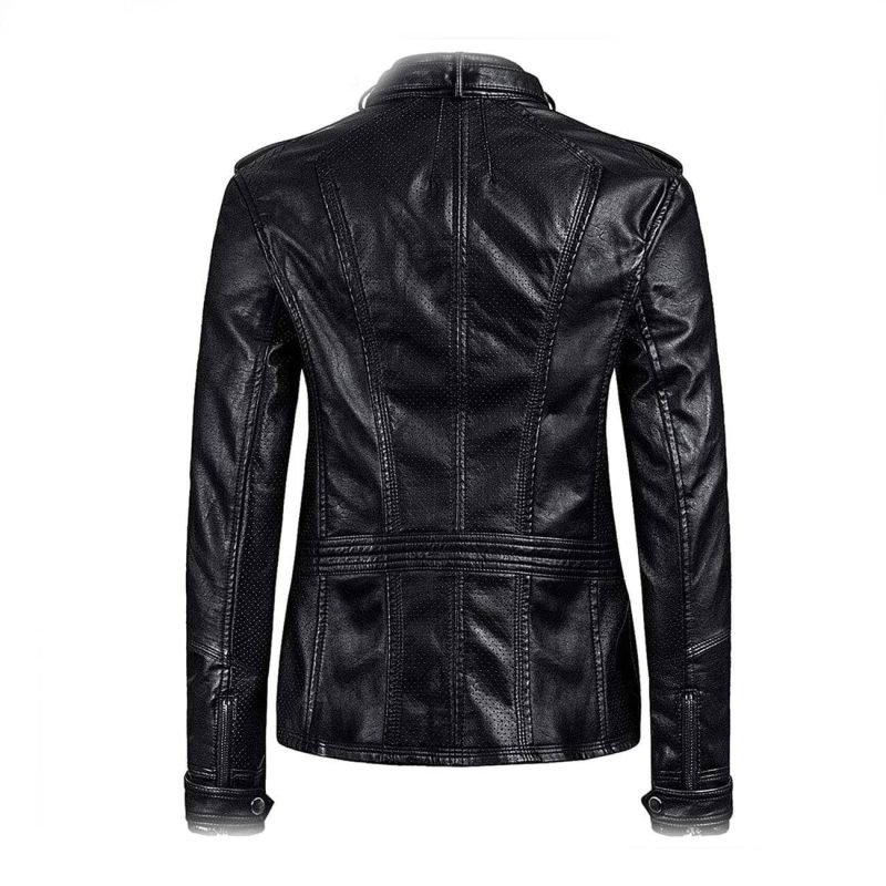 Women Zipper Closure Sleeve Easy Leather Jacket
