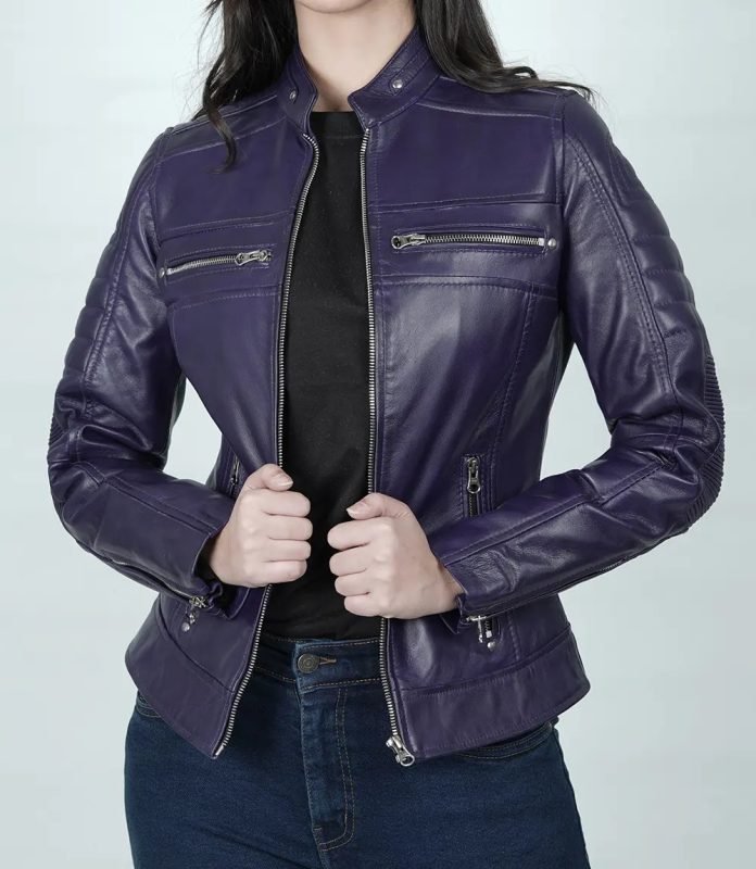 Women's Austin Purple Leather Cafe Racer Moto Jacket