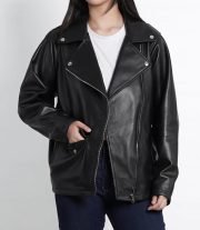 Women's Black Asymmetrical Oversized Leather Biker Jacket