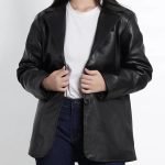 Women’s Black Leather Blazer Jacket in Oversized Style