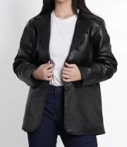 Women’s Black Leather Blazer Jacket in Oversized Style