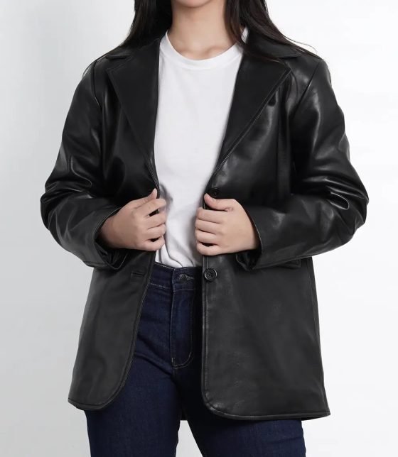 Women’s Black Leather Blazer Jacket in Oversized Style