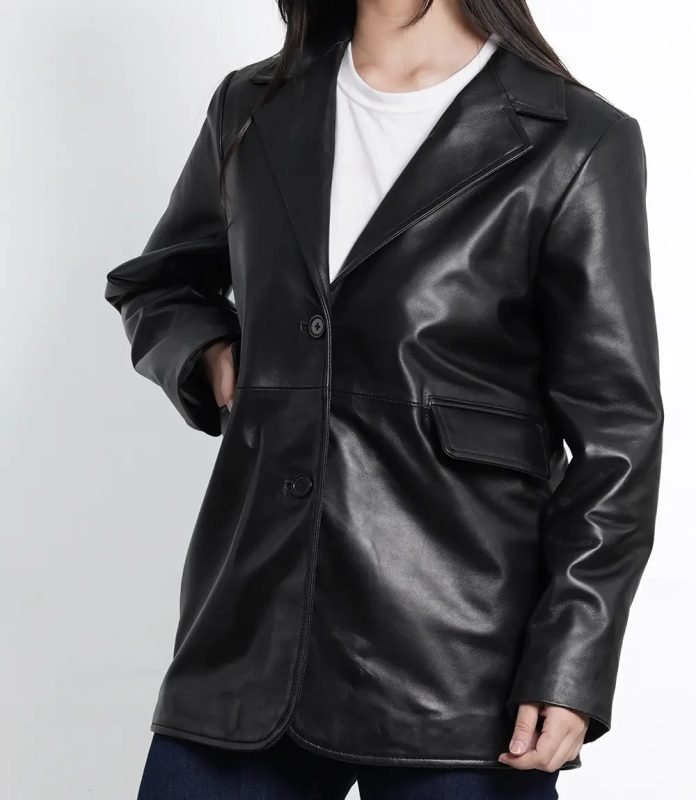 Women’s Black Leather Blazer Jacket in Oversized Style