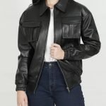 Women's Black Leather Bomber Jacket in Oversized Style