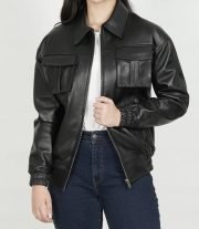 Women's Black Leather Bomber Jacket in Oversized Style