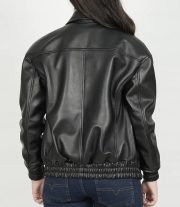Women's Black Leather Bomber Jacket in Oversized Style