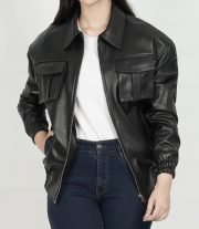 Women's Black Leather Bomber Jacket in Oversized Style
