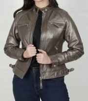 Women's Bronze-Silver Brown Leather Quilted Cafe Racer Jacket - Image 5