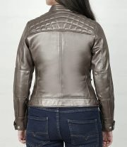 Women's Bronze-Silver Brown Leather Quilted Cafe Racer Jacket