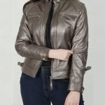 Women's Bronze-Silver Brown Leather Quilted Cafe Racer Jacket