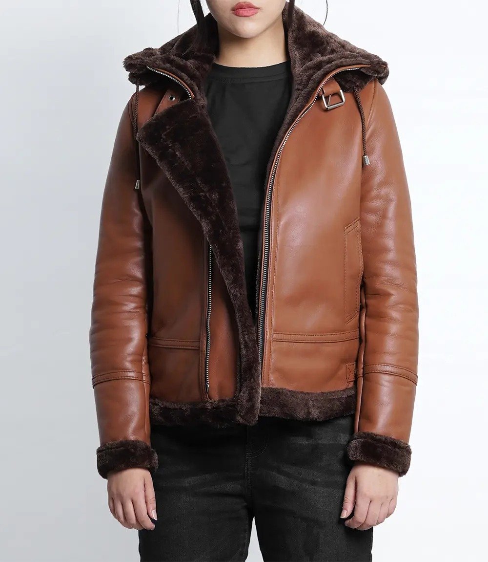 Women's Cognac Shearling Bomber Leather Jacket with Hood Women's Cognac Shearling Bomber Leather Jacket with Hood