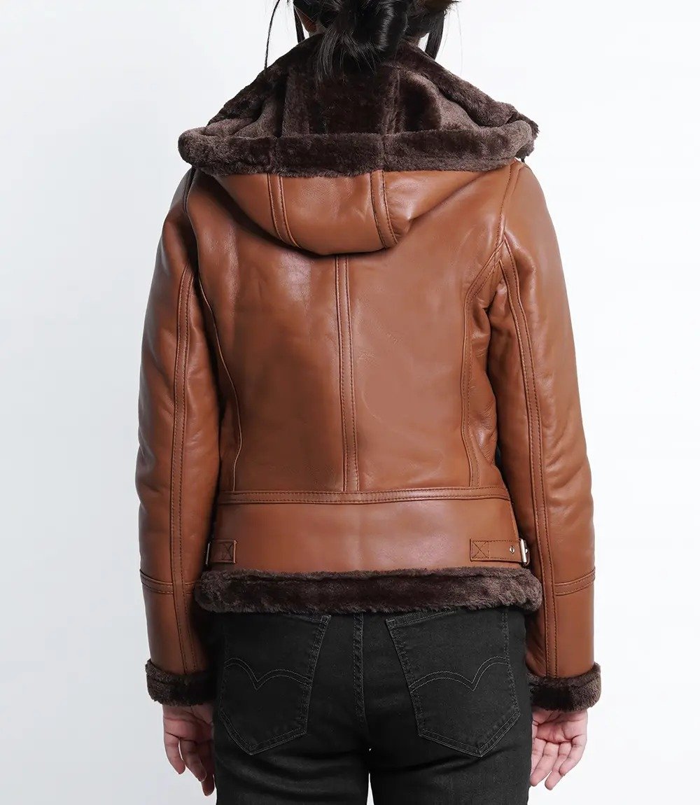 Women's Cognac Shearling Bomber Leather Jacket with Hood1 Women's Cognac Shearling Bomber Leather Jacket with Hood