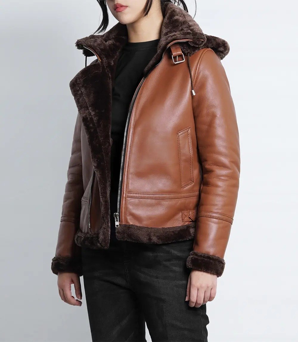 Women's Cognac Shearling Bomber Leather Jacket with Hood3 Women's Cognac Shearling Bomber Leather Jacket with Hood