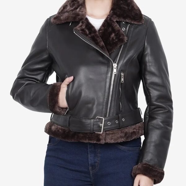 Women's Dark Brown Leather Jacket with Luxurious Shearling Interior