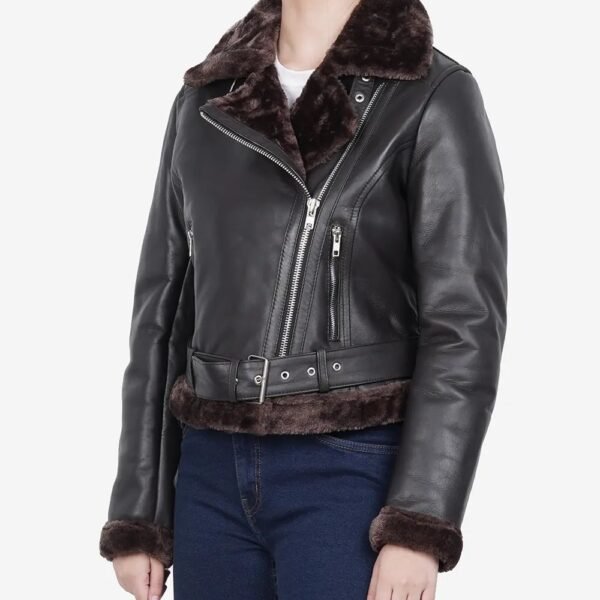 Women's Dark Brown Leather Jacket with Luxurious Shearling Interior