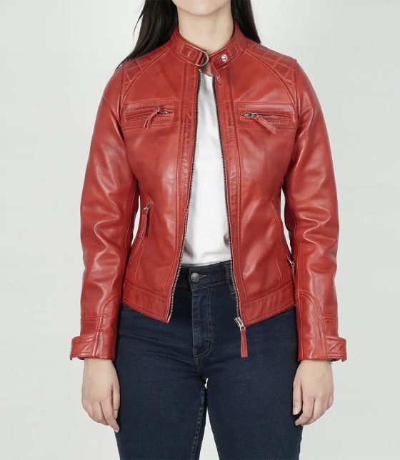 Women’s Johnson Red Quilted Leather Cafe Racer Jacket