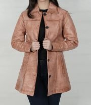 Women’s Pink Cognac Wax Leather Car Coat-Kandis Collection