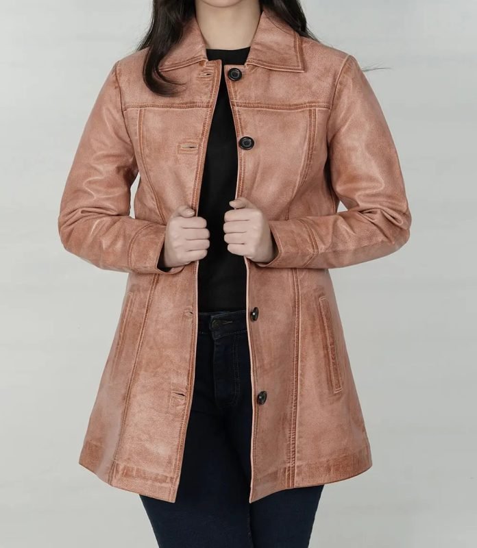 Women’s Pink Cognac Wax Leather Car Coat-Kandis Collection