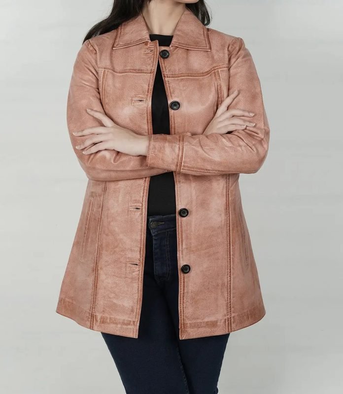 Women’s Pink Cognac Wax Leather Car Coat-Kandis Collection