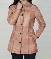 Women’s Pink Cognac Wax Leather Car Coat-Kandis Collection