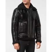Men's Sheepskin Shearling Python-Embossed Black Faux Fur Leather Jacket