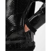Men's Sheepskin Shearling Python-Embossed Black Faux Fur Leather Jacket - Image 2