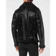 Men's Sheepskin Shearling Python-Embossed Black Faux Fur Leather Jacket - Image 3