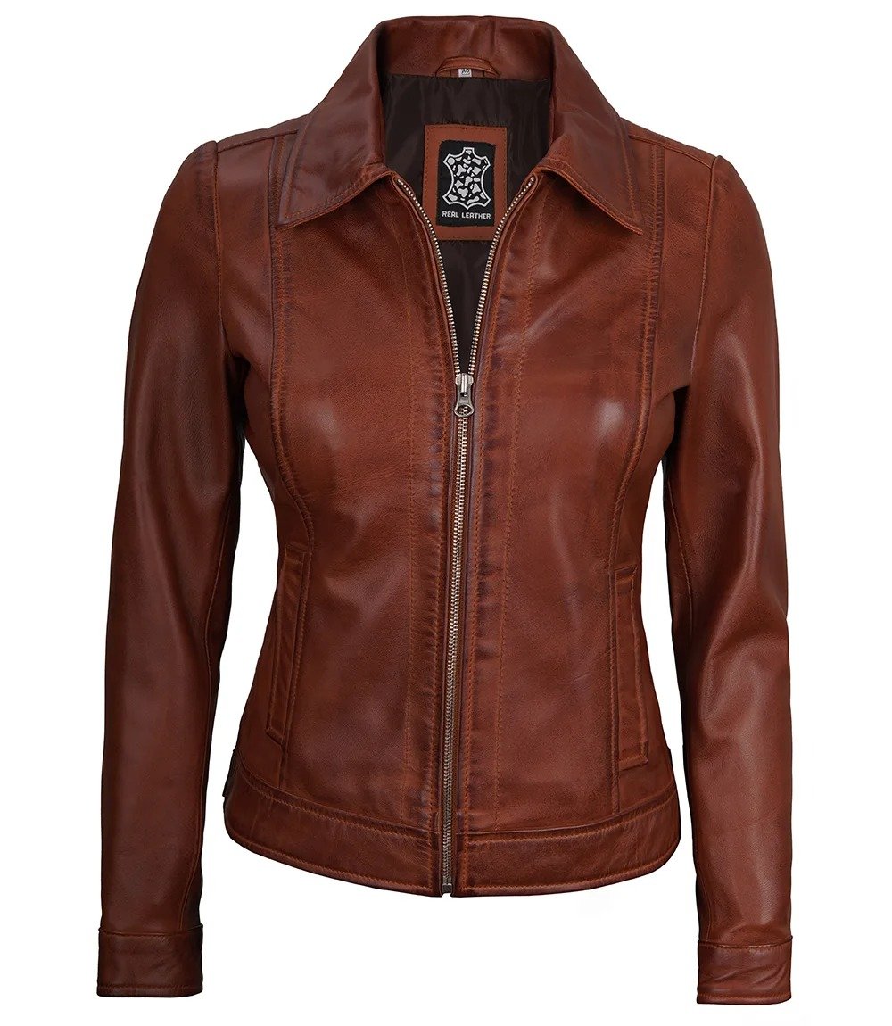 womens_shirt_collar_leather_jack Harrington Leather Jacket Women Cognac Wax