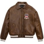 Classic Men's Brown Avirex Leather Bomber Jacket - Front