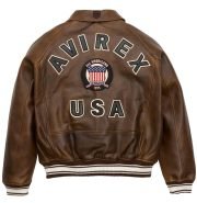 Classic Men's Brown Avirex Leather Bomber Jacket - Back