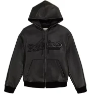 Men's Avirex Black Nappa Leather Hoodie - Front